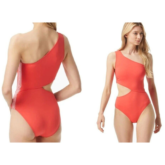 Michael Kors sz 6 One Shoulder Sangria Coral Logo Spell Out Trim One Piece Swim - Picture 1 of 5